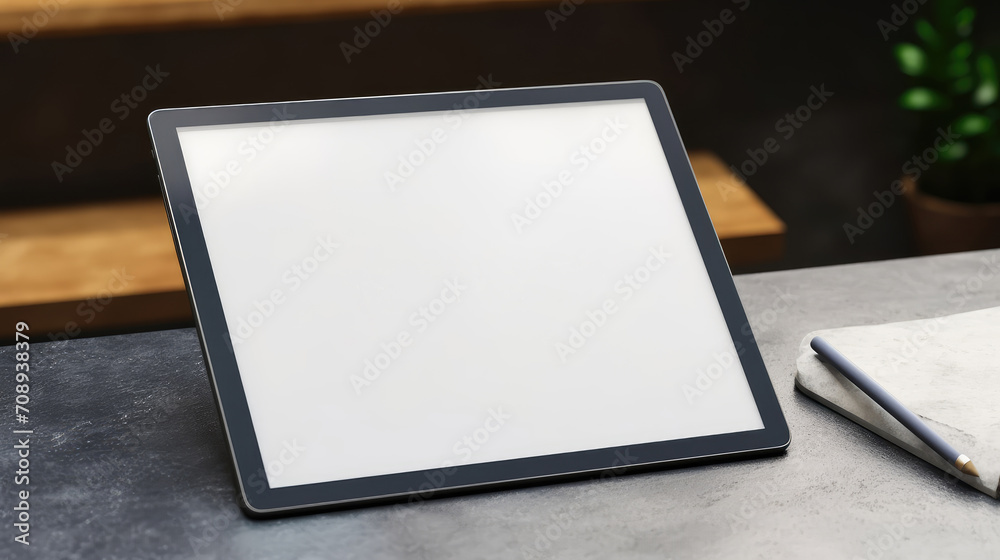 Minimalist 3D mockup of a tablet with a sleek white display on a modern table, perfect for showcasing digital designs Minimalist 3D mockup of a tablet with a sleek white display on a modern table, perfect for showcasing digital designs