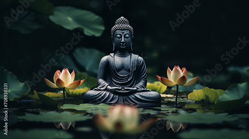 Meditative Buddha statue surrounded by blooming lotuses in calm waters of pond symbolizes spiritual balance and inner peace, scene of tranquil spiritual equilibrium and natural beauty
