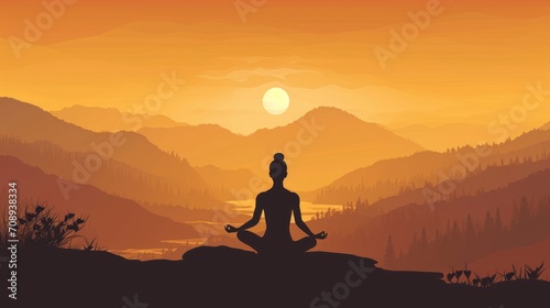  a silhouette of a person sitting in a yoga position in front of a mountain range with a sunset in the background and a river running through the valley in the foreground.