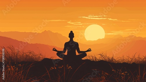  a silhouette of a person sitting in a yoga position in front of an orange sky with the sun in the distance and grass in the foreground and mountains in the foreground.