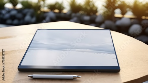 Minimalist 3D mockup of a tablet with a sleek white display on a modern table, perfect for showcasing digital designs