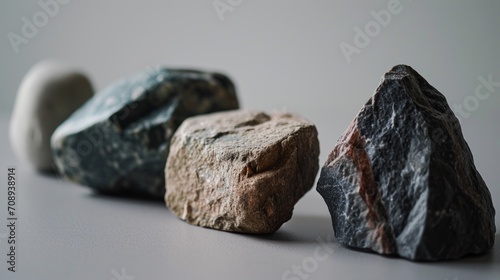  a group of rocks sitting next to each other on a white surface with a white rock in the middle of the picture and a black rock in the middle of the picture.