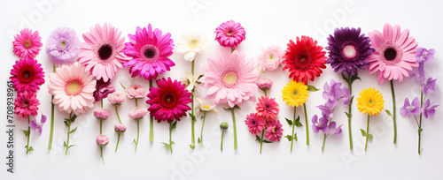 A row of flowers of different colors on white surface, in the style of dark pink, aerial view, floral