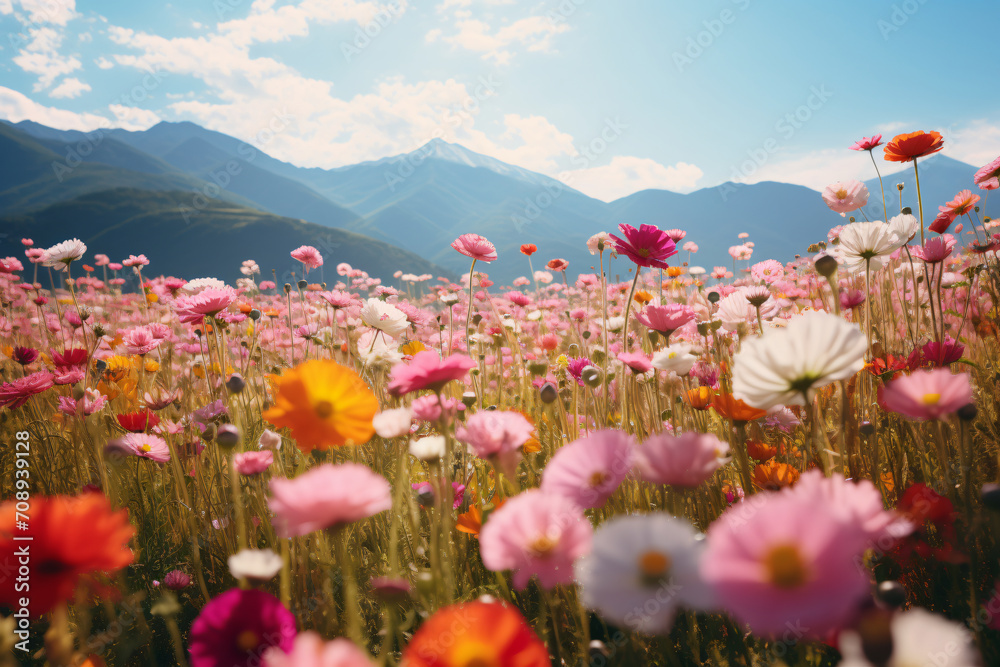 A field of colorful flowers on sunny sunny day in the mountains, in the ...