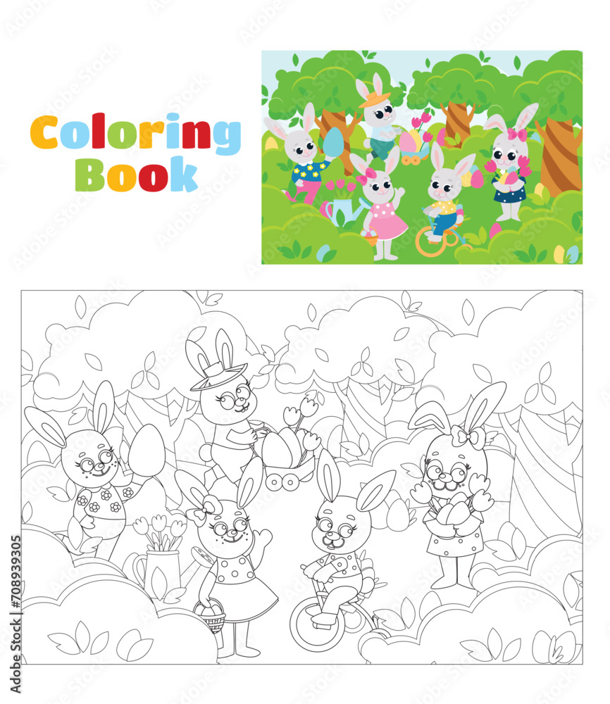 Coloring page. Easter bunnies boys and girls are having fun on a green meadow. The bunnies are happy and will laugh merrily. Scene in cartoon style. Coloring page. Easter bunnies boys and girls are having fun on a green meadow. The bunnies are happy and will laugh merrily. Scene in cartoon style.
