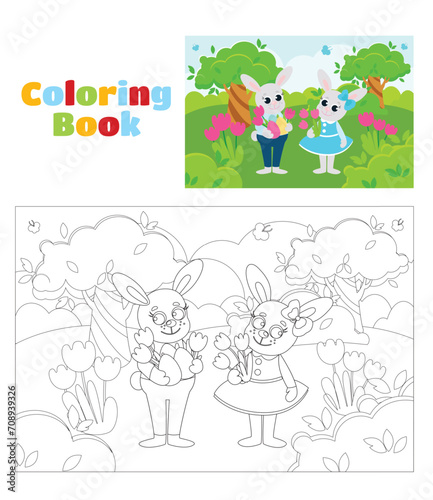 Coloring page. Easter bunnies boy and girl are on a green meadow. The bunnies are happy and will laugh merrily. Scene in cartoon style.
