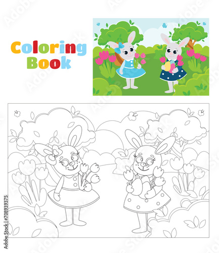 Coloring page. Easter bunnies  two girls are on a green meadow with flowers in their paws. The bunnies are happy and will laugh merrily. Scene in cartoon style.