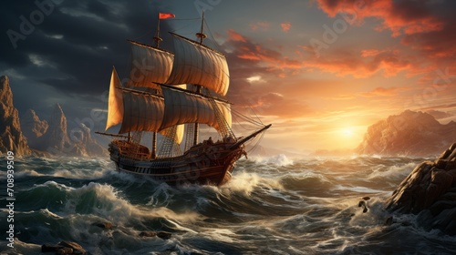 Ancient greek trireme and a single black sail in the middle of wavy ocean sailing by marc simonetti, photo