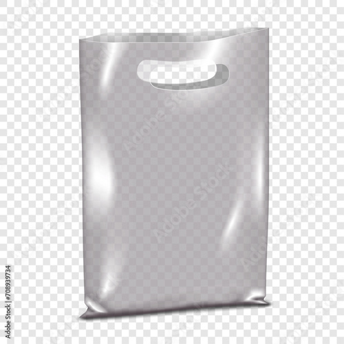 Clear plastic bag with die cut handles vector mockup. Blank white transparent package realistic mock-up