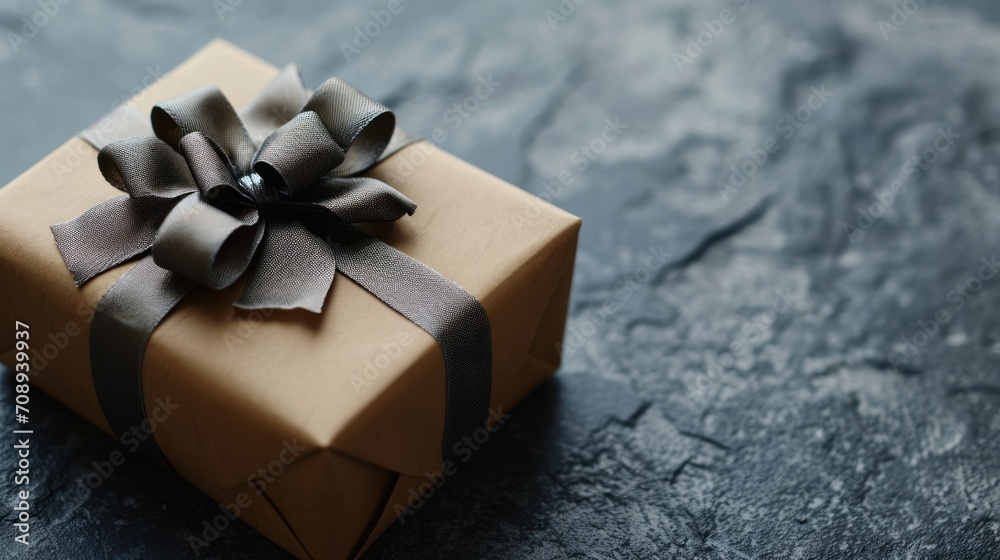 a close up of a present box with a bow on the top of it and a ribbon on the bottom of the box, on a dark background of a stone surface. a close up of a present box with a bow on the top of it and a ribbon on the bottom of the box, on a dark background of a stone surface.