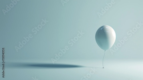  a white balloon floating in the air with a long string attached to the back of it's head, with a shadow on the ground and a light blue background.