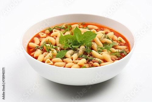  Pasta Fagioli soup in a white bowl with fresh herbs isolated on a white background