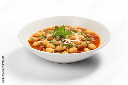  Pasta Fagioli soup in a white bowl with fresh herbs isolated on a white background