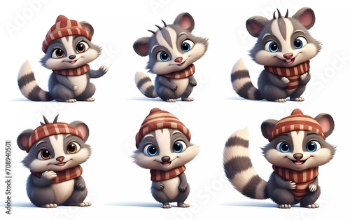 collection of 3d illustrations of cute cartoon civet cubs, in various styles, on a white background. generative ai