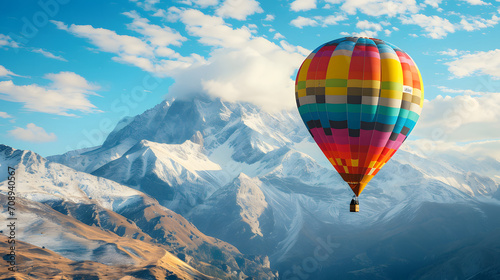 A mountain landscape with a colorful hot air balloon festival rising against the backdrop of snow-capped peaks.