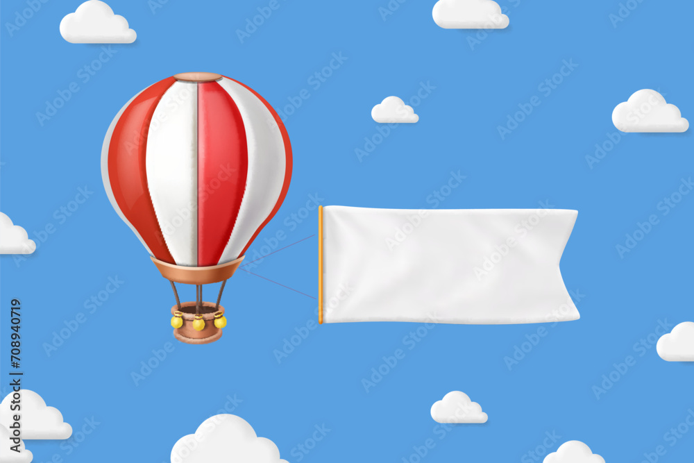Vintage hot air balloon with blank ribbon. 3d red white balloon in the sky with a banner. Cartoon vector