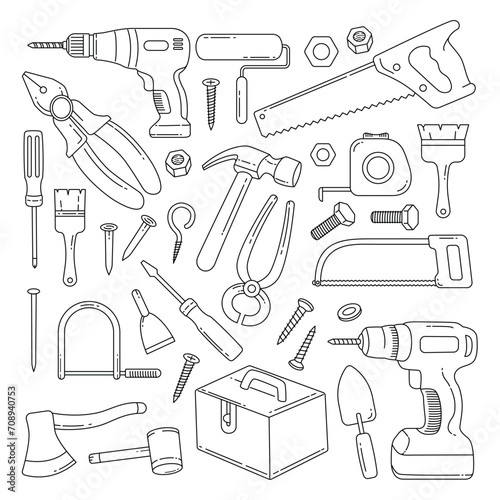 Set of Carpenter tools doodle hand drawn isolated on white background