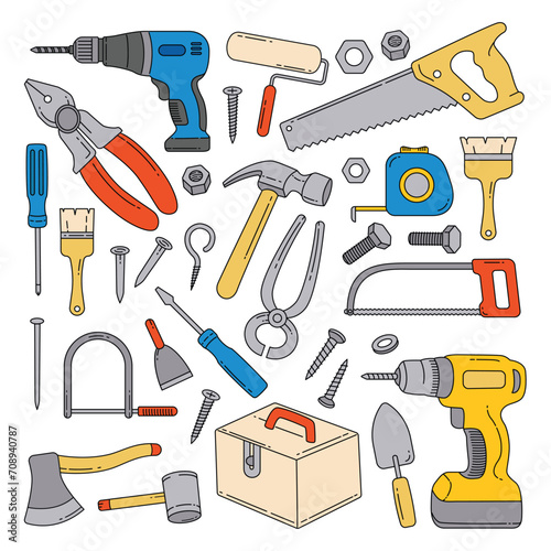 Set of Carpenter tools doodle hand drawn isolated on white background