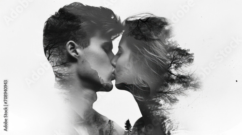 Double exposure profile portrait of a man and a woman kissing, adorned with photographs and memories. Poster, collage, art. photo