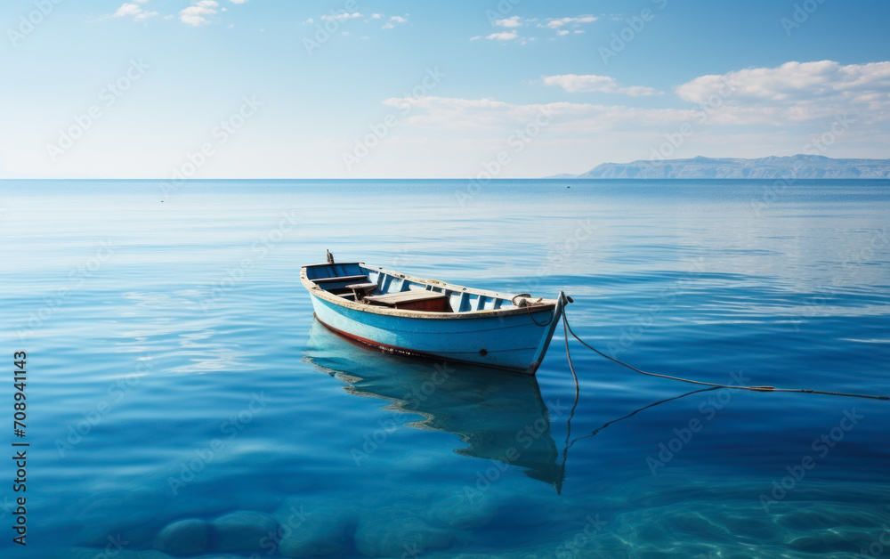 Solitary blue wooden boat floating on calm ocean waters under clear skies, representing solitude, peace, and the vastness of the sea