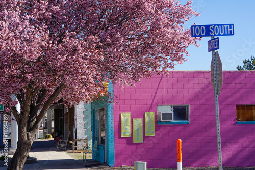 Photos A pink colored coffee and bakery shop on main street in the small rural town of Blanding, Utah, USA in spring