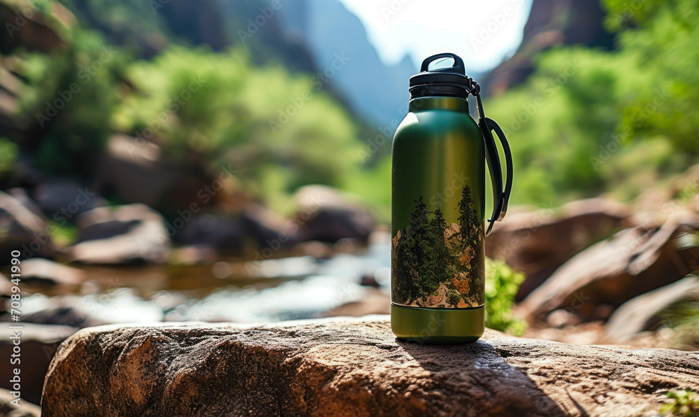 Reusable Green Water Bottle on a Rock in a Natural Mountain Setting, Symbolizing Eco-Friendly Hydration and Adventure Outdoors Reusable Green Water Bottle on a Rock in a Natural Mountain Setting, Symbolizing Eco-Friendly Hydration and Adventure Outdoors