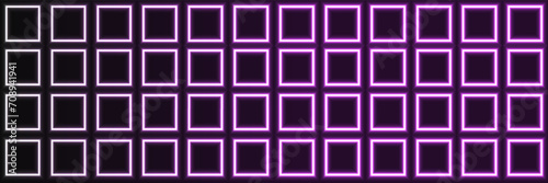 Neon square grid background with squares. Dark seamless background with white and purple glowing border.