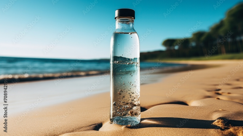Transparent reusable water bottle on sandy beach with ocean backdrop emphasizing environmental awareness and sustainable lifestyle choices Transparent reusable water bottle on sandy beach with ocean backdrop emphasizing environmental awareness and sustainable lifestyle choices