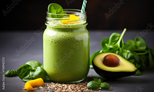 Nutritious green smoothie in glass jar with spinach leaves, half avocado, and chia seeds on grey backdrop - a healthful vegan drink concept