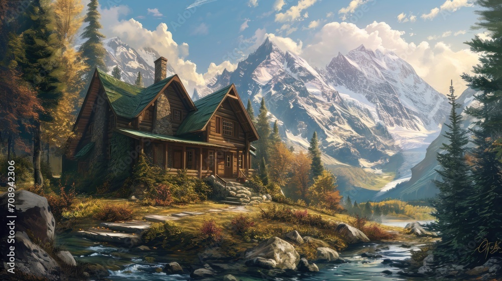 a painting of a cabin in the mountains with a stream running through the foreground and a mountain range in the background with a stream running through the foreground. a painting of a cabin in the mountains with a stream running through the foreground and a mountain range in the background with a stream running through the foreground.