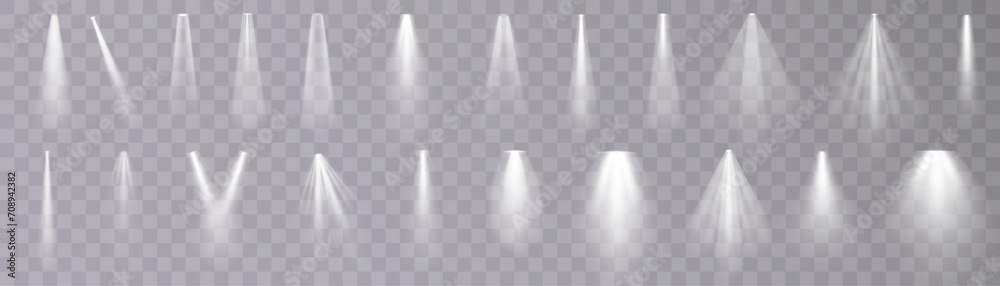 Set of isolated spotlight light effects. White glowing spotlight on a transparent background. - obrazy, fototapety, plakaty 
