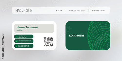 Business card design template in green color with icons for contact information, 2 sides and round edges