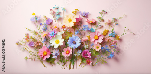 Herbarium wildflowers on pink paper background  vibrant colored flowers bouquet  background floral