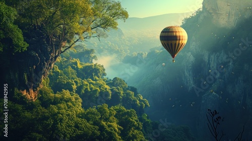  a hot air balloon flying over a lush green forest filled with lots of trees and a mountain in the distance with mist coming off of the valley in the foreground.