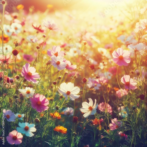 Beautiful and amazing cosmos flower field landscape in sunset. Nature wallpaper background.