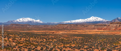 Panorama of a desertic landscape in southern Utah, near Blanding, USA in late april, with snow and blue skies. Desertic landscape and high peaks photo