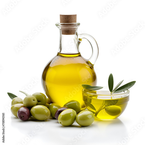 Extra olive oil bottle and green olives with leaves isolated on a white background.