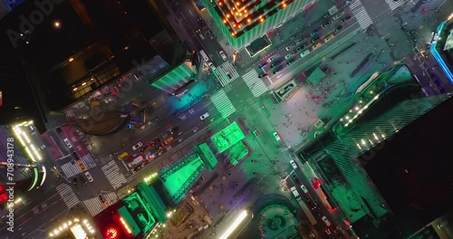 Stunning aerial night drone shot of New York Times Square. Helicopter night downtown Manhattan. New York City at night. Birds Eye on the city, that never sleeps. Cinematic Metropolitan City 5k Aerial.
