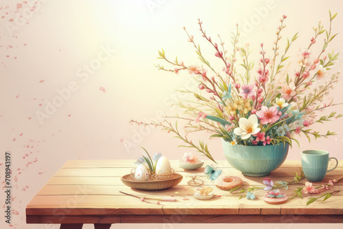 Vase with flowers and Easter eggs on the table.