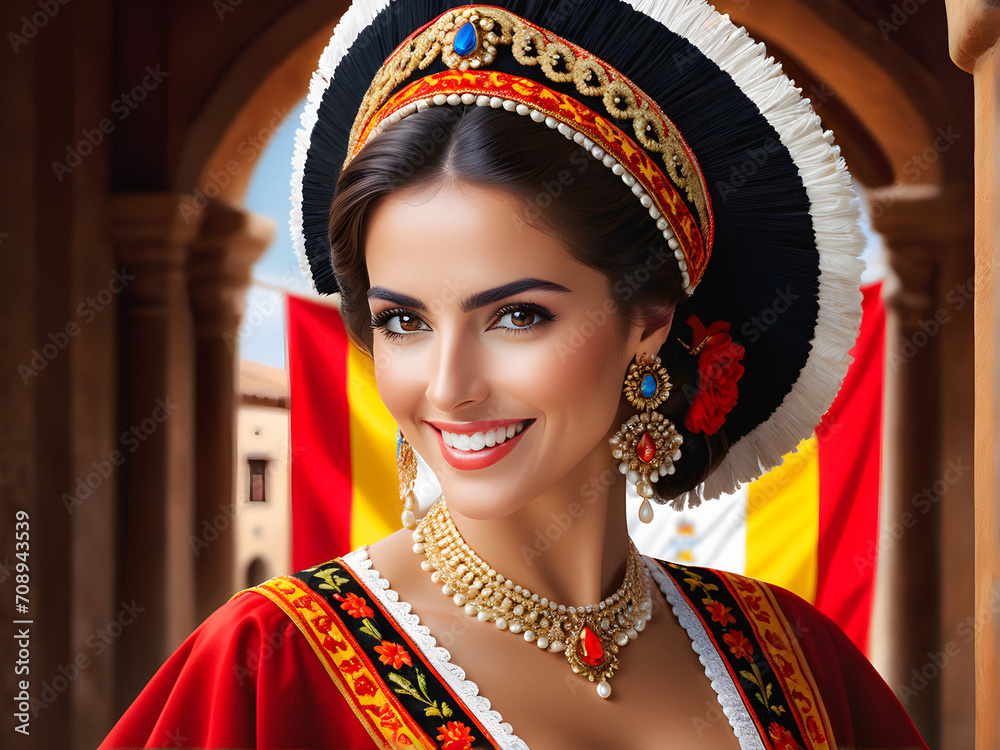 Exquisite Elegance: Portrait of a Spanish Woman in Traditional National Attire. cartoon character. generative AI