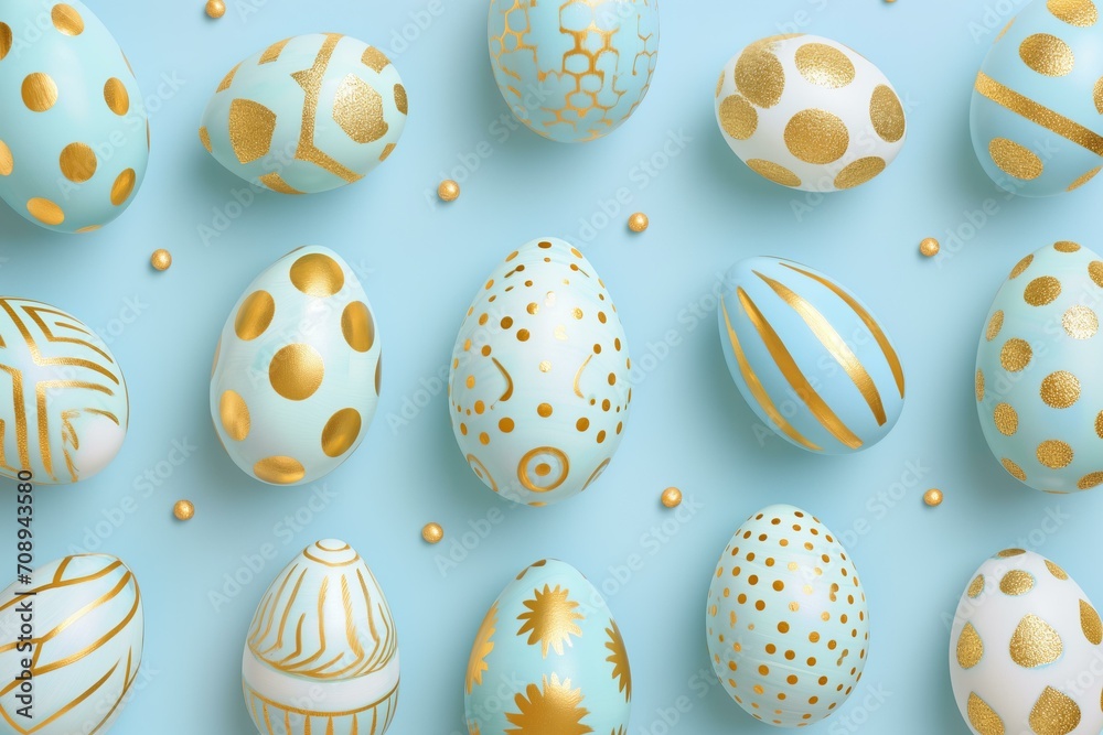 Pastel blue and gold hand painted Easter eggs pattern