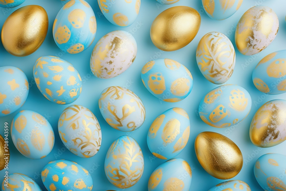Pastel blue and gold hand painted Easter eggs pattern Pastel blue and gold hand painted Easter eggs pattern
