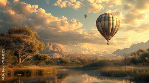  a painting of a hot air balloon flying over a body of water with a mountain range in the background and a lake in the foreground with reeds in the foreground.