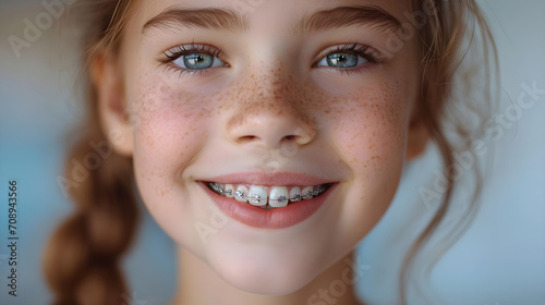 Smiling girl with orthodontics. Happy patient with orthodontic smile. Dental health concept, dental care, pediatric dentistry, braces on teeth and orthodontic treatment. © JMarques