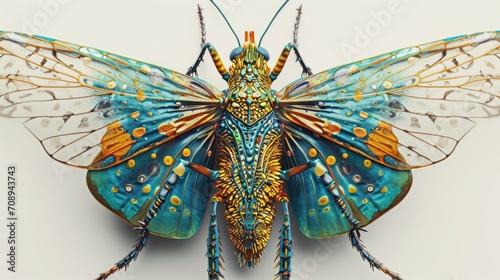  a close up of a blue and yellow insect on a white background with lots of orange and yellow details on it's wings and wings, with a pattern on it's wings.