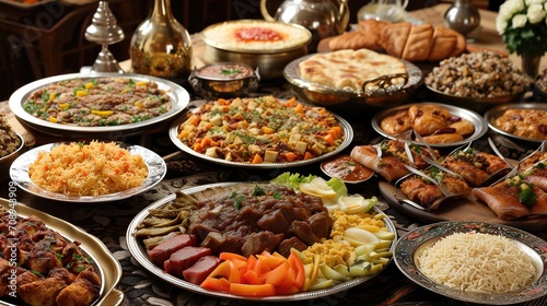 Ramadan Iftar or suhoor party traditional dishes on table