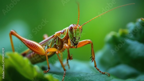  a close - up of a praying mantissa on a leaf with a blurry background of green leaves and a blurry image of a praying mantissa. © Olga