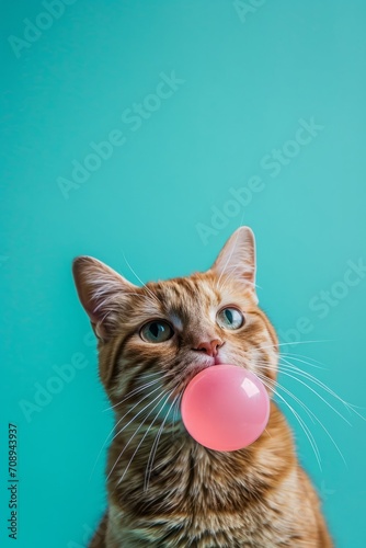 Cat chewing bubble gum, turquoise background