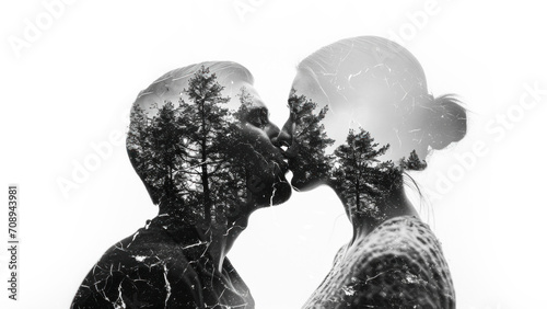 Double exposure profile portrait of a man and a woman kissing, adorned with forest and trees. Poster, collage, art.