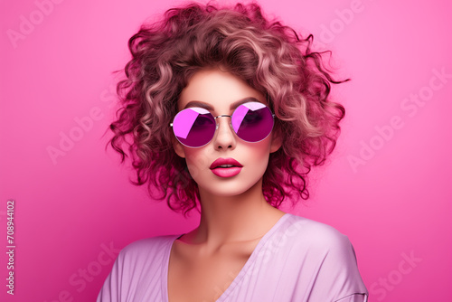 portrait of a woman. Colourful portrait of a young beauty woman wearing pink striped shirt on bright pink background. dark-haired girl in elegant striped dress. Glamour girl poses over creative 